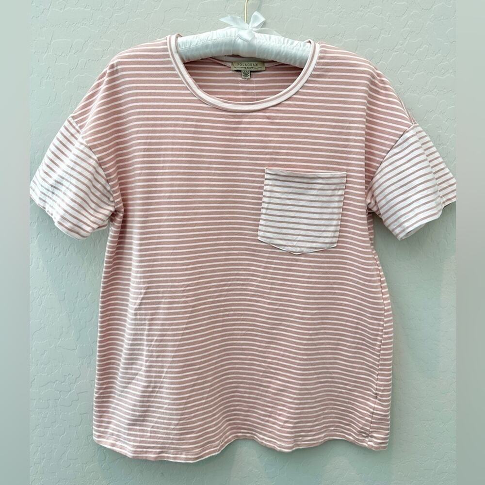 POLAGRAM Pink & White Striped Mixed Pattern Tee Pocket Casual Top | Size Medium